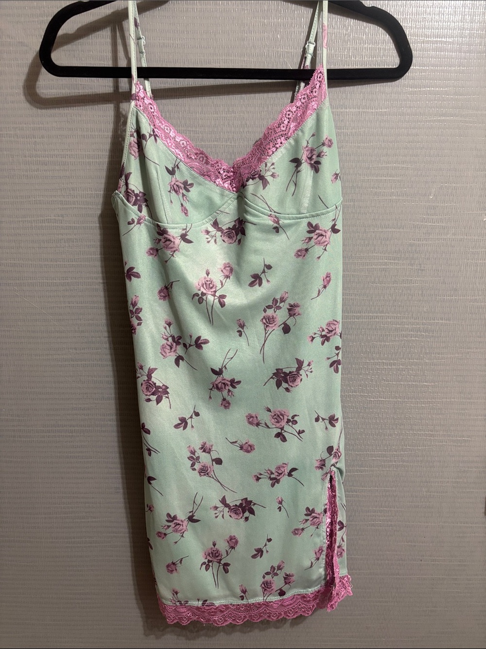 Motel Rocks Mint Slip Dress with Pink Floral Lace